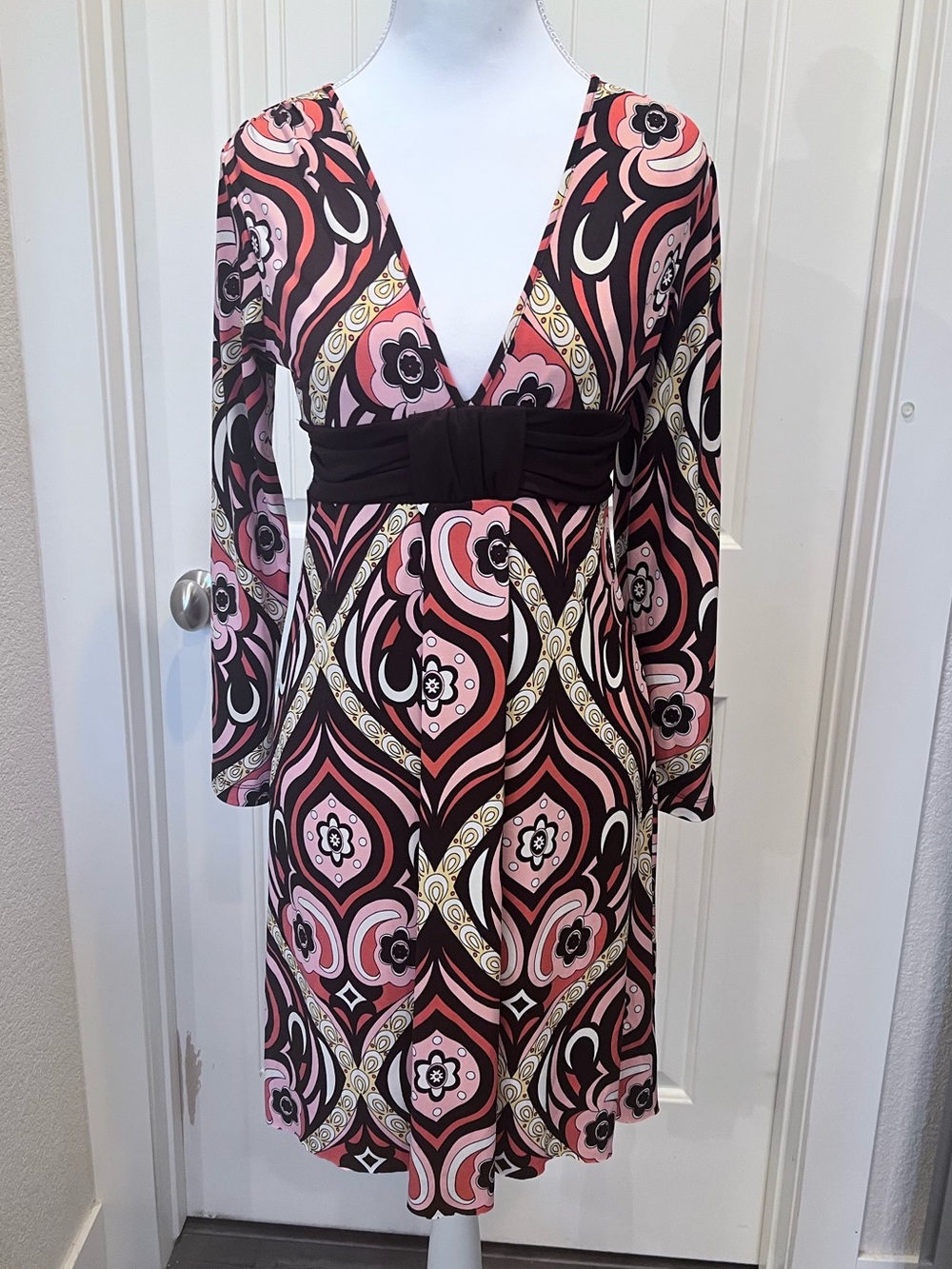 Speechless Retro Mod Y2K V-Neck Long Sleeve Dress Floral Brown Pink Coral Sz 16